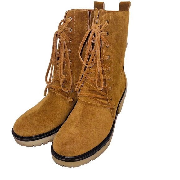 Mum Camel Suede Lace-Up Mid-Calf Boots Chunky Platform Heel Boho Retro 70s Y2K 7 - Picture 2 of 11